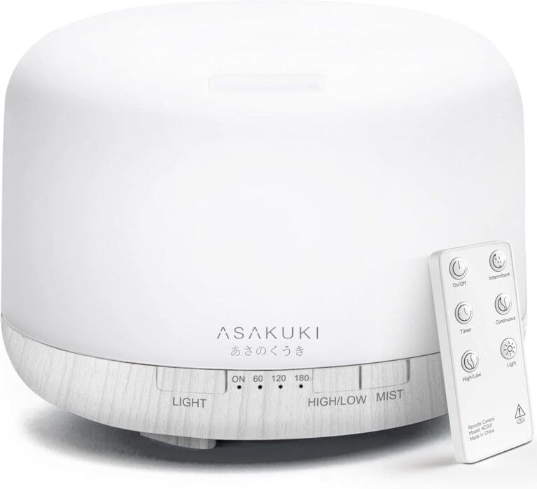 ASAKUKI 500ml Essential Oil Diffuser with remote control, ultrasonic humidifier, timer, and auto-off switch in white.