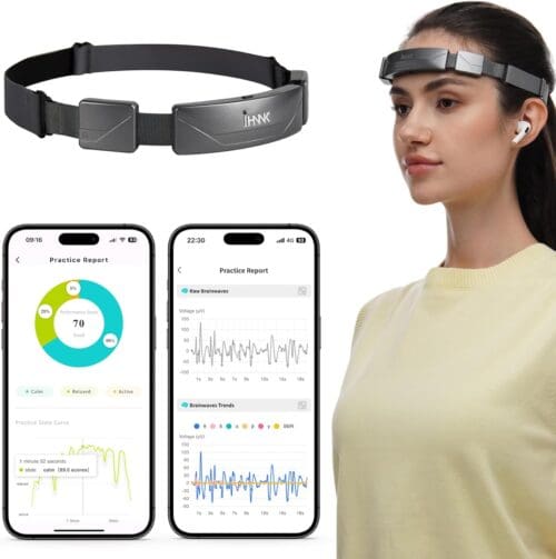 Biosensing meditation headband with real-time feedback, measuring brainwaves for neurofeedback training. Ideal for meditat...