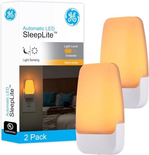 GE LED Night Light 2 Pack with dusk to dawn sensor, warm amber glow, ideal for bedrooms, bathrooms, and hallways.