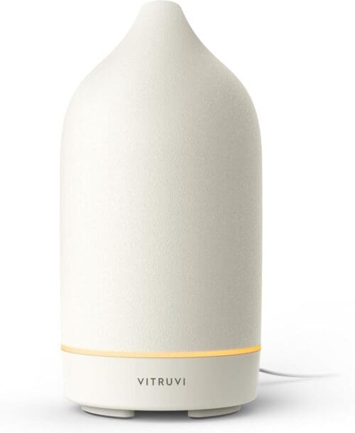 Vitruvi Stone Diffuser in white ceramic, 90ml capacity, perfect for aromatherapy and home decor, ideal housewarming gift.