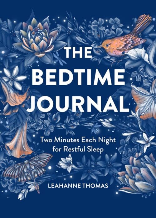 The Bedtime Journal cover featuring floral designs, promoting restful sleep with two-minute nightly reflections.