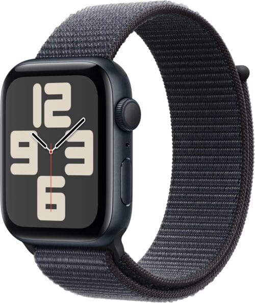 Apple Watch SE (2nd Gen) GPS 44mm with Midnight Aluminum Case and Ink Sport Loop, featuring fitness tracking and heart rat...