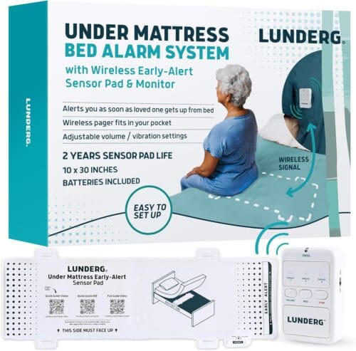 Lunderg Under Mattress Bed Alarm for elderly, wireless sensor pad with pager, early alert, and adjustable settings.
